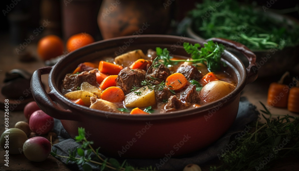 Rustic beef stew with fresh vegetables, braised to perfection generated by AI Rustic beef stew with fresh vegetables, braised to perfection generated by AI