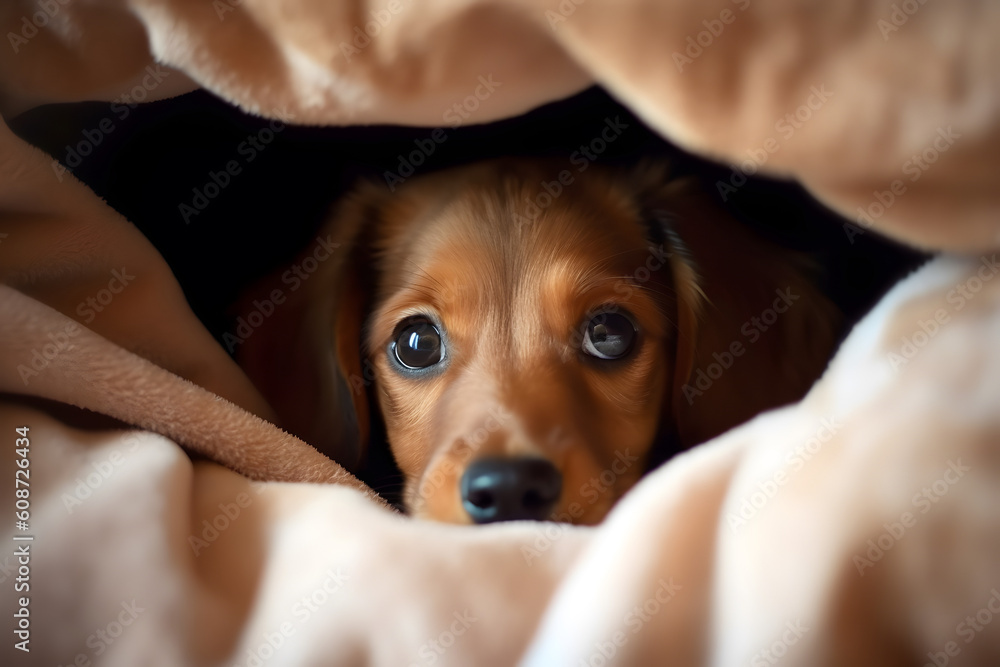 Adorable puppy hidden and peeking from blanket. AI generated