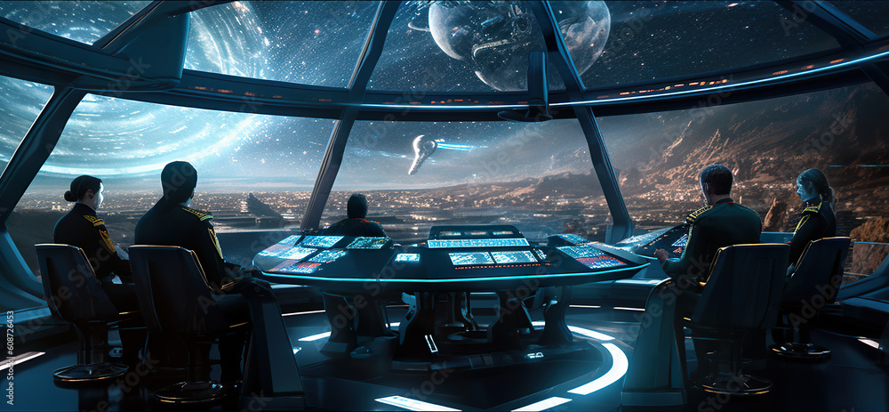 A group of people sitting around a table in a spaceship. Generative AI. A group of people sitting around a table in a spaceship. Generative AI.