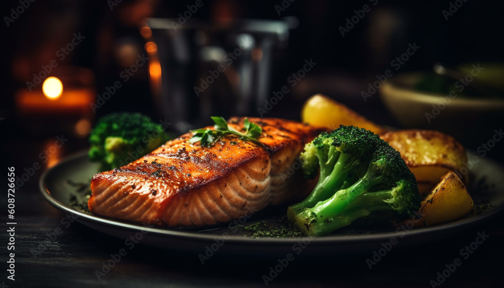 Grilled salmon fillet with asparagus and tomato salad on plate generated by AI Grilled salmon fillet with asparagus and tomato salad on plate generated by AI