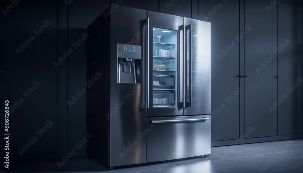 Modern stainless steel kitchen design with accessible digital appliances inside generated by AI Modern stainless steel kitchen design with accessible digital appliances inside generated by AI