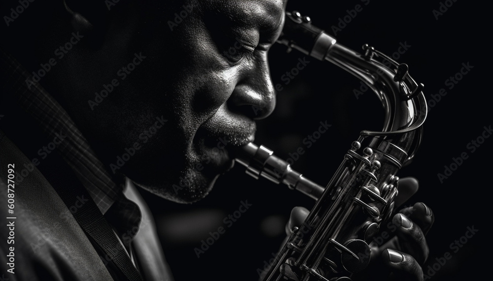 The skilled musician blows the saxophone, playing blues music indoors generated by AI - obrazy, fototapety, plakaty 