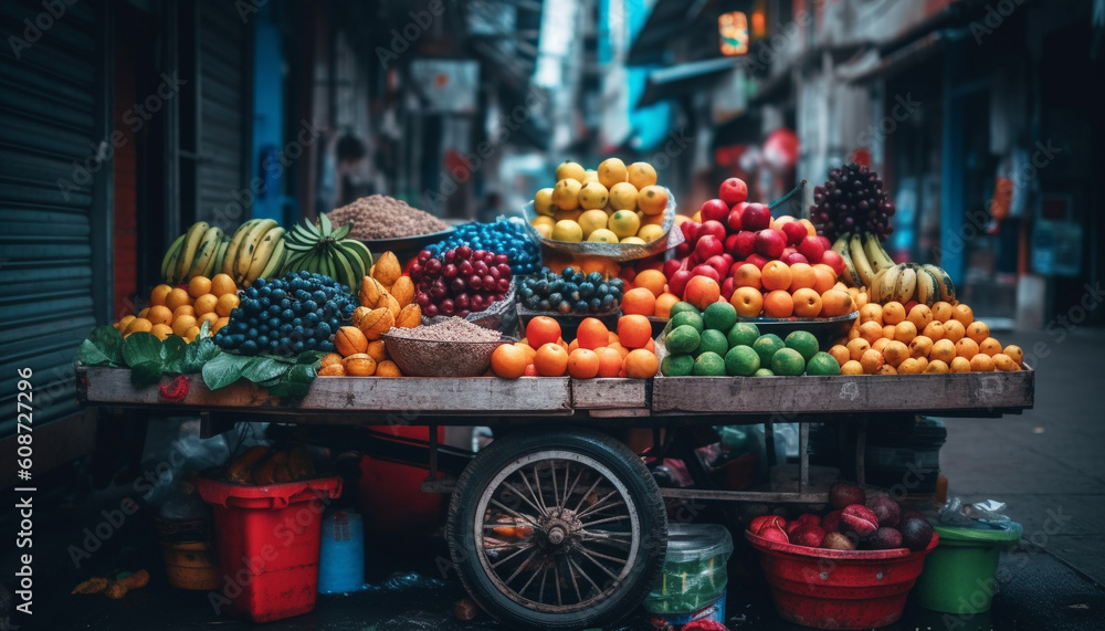 Fresh fruits and vegetables for healthy eating at outdoor markets generated by AI