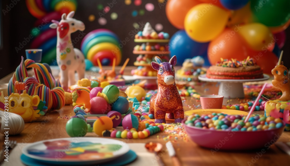 Cute animal toy on vibrant, multi colored dessert table brings joy generated by AI