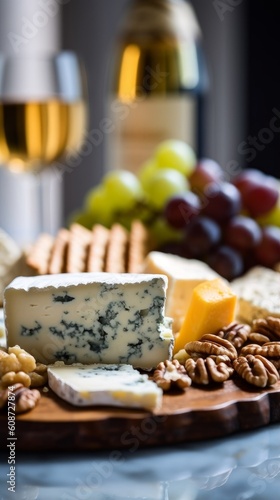 Gorgonzola cheese platter with grapes, nuts, and crackers on a marble surface