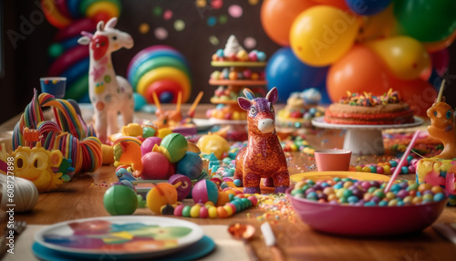 Cute animal toy on vibrant, multi colored dessert table brings joy generated by AI © djvstock