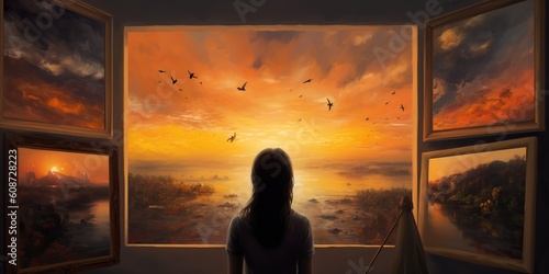 Person watching a surreal summer sunset, as the sky transforms into a canvas filled with famous artwork and iconic masterpieces, concept of Imagination, created with Generative AI technology © koldunova