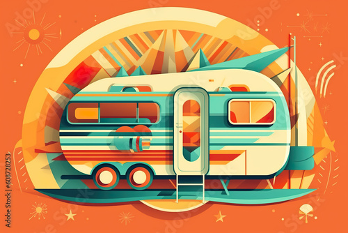 A camper trailer with a surfboard on top of it. Generative AI.
