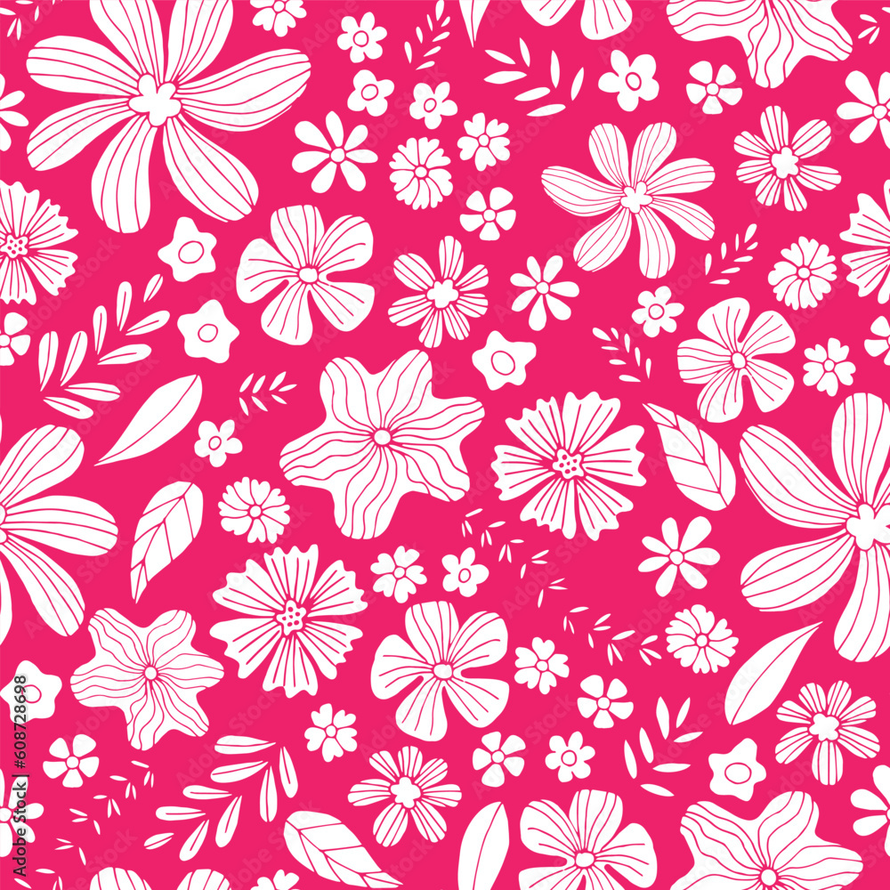 Pink Wildflowers and Daisies seamless vector pattern. Floral vector pattern with leaves. Pink Wildflowers and Daisies seamless vector pattern. Floral vector pattern with leaves.