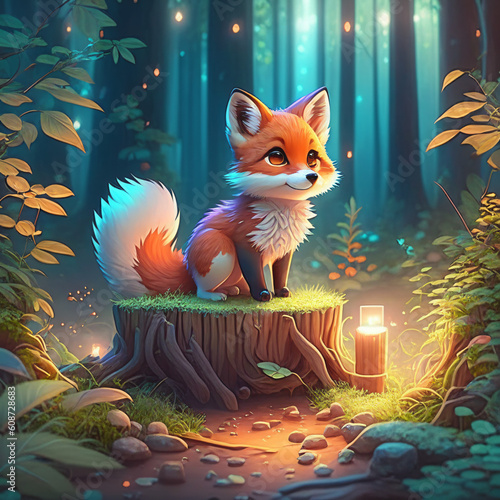 Little fox In the forest illuminated by fireflies, surrounded by lush forest with plants and trees.