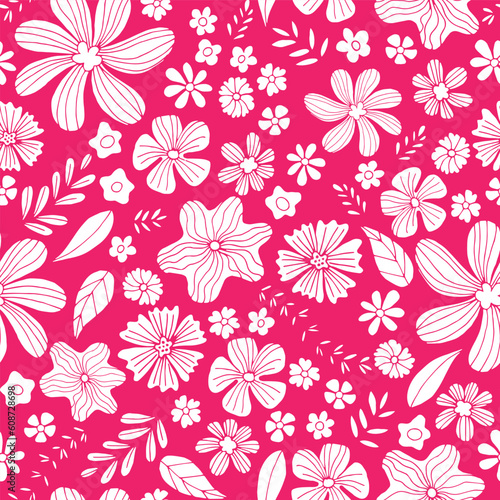 Pink Wildflowers and Daisies seamless vector pattern. Floral vector pattern with leaves.