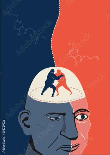 The balance between serotonin and melatonin. Vector illustration of two hormones jostling in a man's head.
