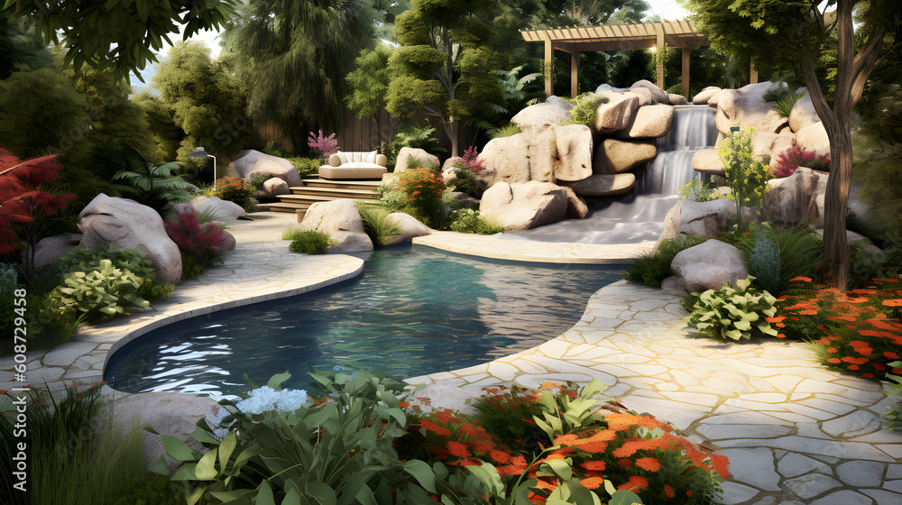Backyard design with a swimming pool, rock waterfall, lush vegetation, and a natural stone patio, Generated AI