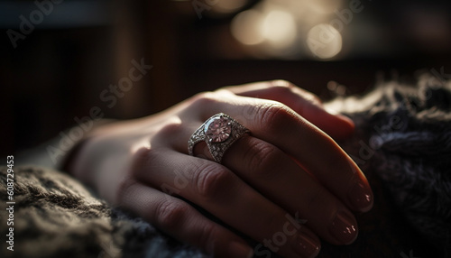 A newlywed couple love bond shines with elegant gold rings generated by AI