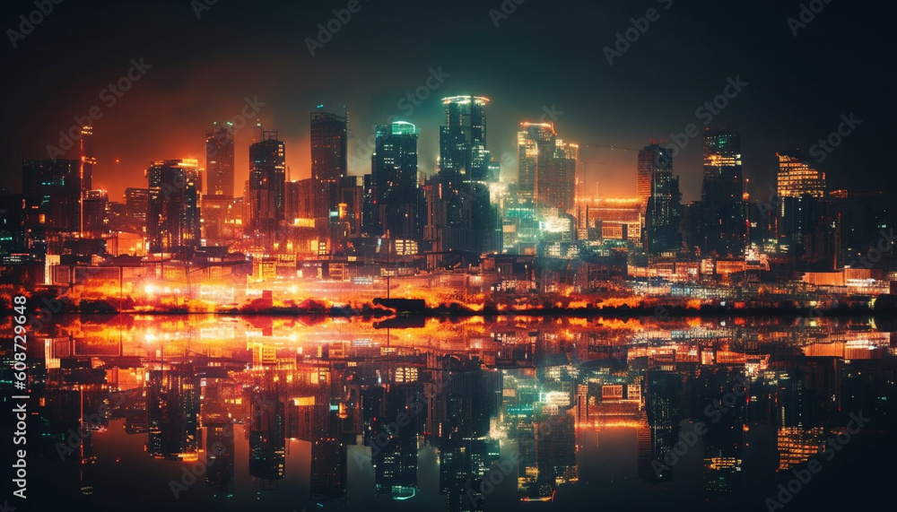 Obraz premium The glowing financial district illuminates the urban skyline at dusk generated by AI