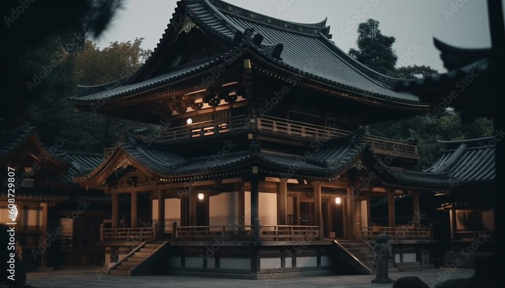 The ancient pagoda illuminates the night, showcasing East Asian culture generated by AI The ancient pagoda illuminates the night, showcasing East Asian culture generated by AI