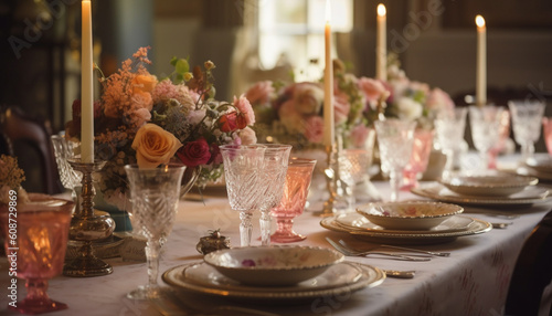 Elegant wedding reception with ornate crockery and flower arrangements generated by AI