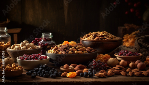 A rustic bowl of healthy nuts and berries on wood generated by AI