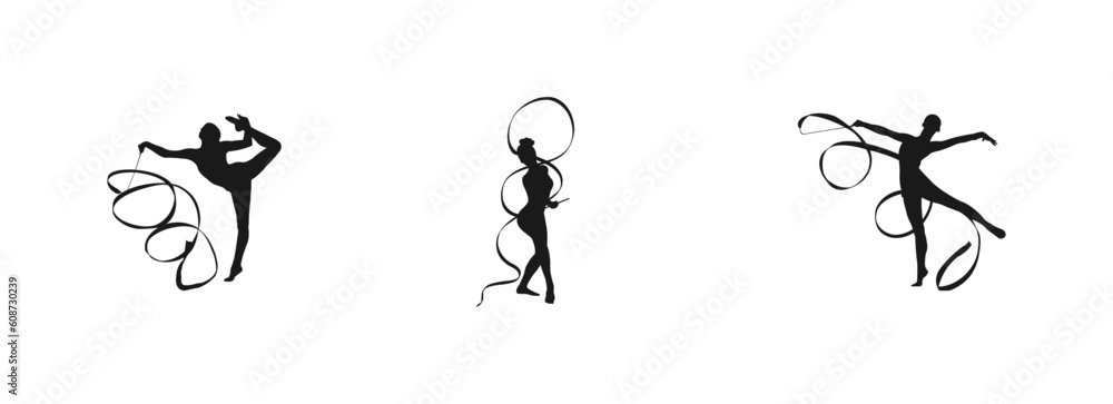 Young gymnast woman dance ribbon silhouette performing rhythmic gymnastics element,jumping doing split leap in the air,Girl dancer solated on white background.Rhythmic Gymnastics flat sihouette vector