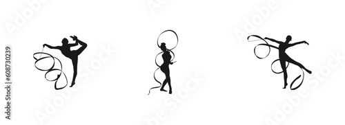 Young gymnast woman dance ribbon silhouette performing rhythmic gymnastics element jumping doing split leap in the air Girl dancer solated on white background.Rhythmic Gymnastics flat sihouette vector