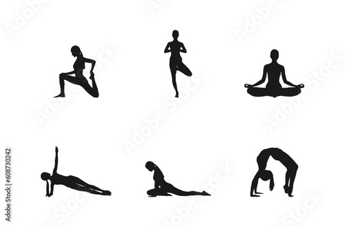 Silhouettes of slim girl practicing yoga stretching exercises.Silhouettes of woman doing yoga poses. Shapes of woman doing yoga fitness workout. Set of yoga positions.isolated on white background.