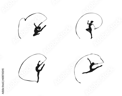 Rhythmic gymnastics girls with different inventory.Vector dancer silhouettes black on white.Rhythmic Gymnastics flat sihouette vector. Rhythmic Gymnastics female athlete black icon on white background