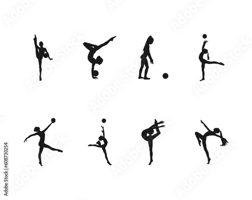 Set of rhythmic gymnastics silhouettes. Different apparatus like ribbon, clubs, hoop, rope and ball.rhythmic gymnastics element,jumping doing split leap in the air,dancer isolated on white background.