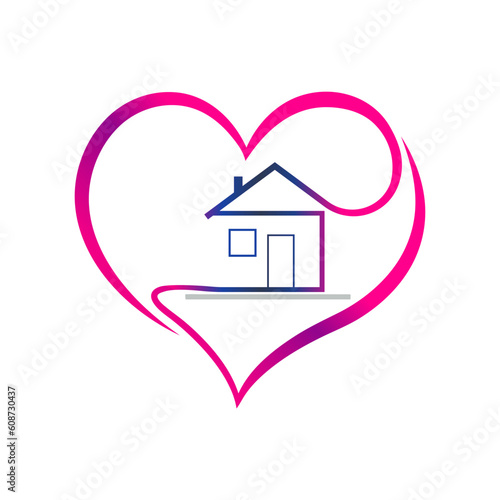 Heart and house icon. concept - home is my love . Logo or icon in the form of a linear drawing of a house and a heart.
