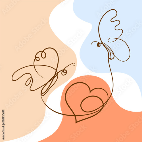 butterflies and heart connected by one line, love artline concept. sketch with black lines. Vector illustration isolated on white background.