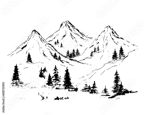 Mountains landscape with pine trees. black on a white background. Hand sketch in pencil. Rocky peaks in a graphic style.