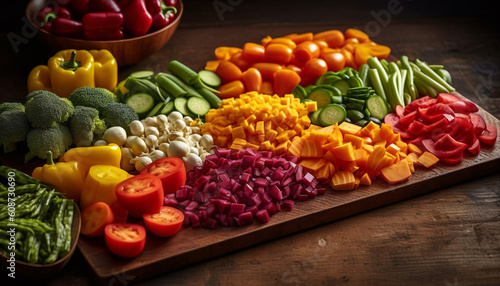Fresh, healthy salad with multi colored veggies on wooden cutting board generated by AI