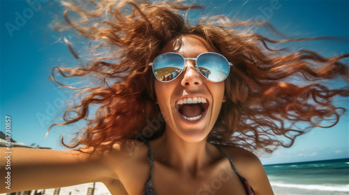 young pretty curly haired woman having fun on sunny beach and laughing to camera, selfie style, generative AI
