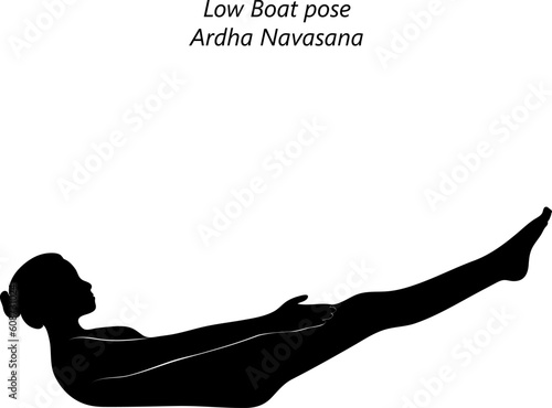 Flat black silhouette of young woman practicing yoga, doing Low Boat pose or Canoe pose. Ardha Navasana. Seated and Balancing. Beginner. Vector illustration isolated on transparent background.