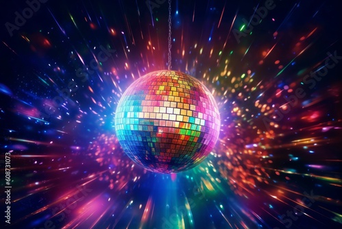 Sparkling disco ball. Night party, colorful. Generative AI © nadunprabodana