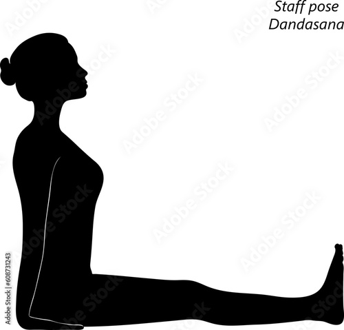 Flat black silhouette of young woman practicing yoga, doing Staff pose or Stick pose. Dandasana. Seated and Neutral. Beginner. Vector illustration isolated on transparent background.