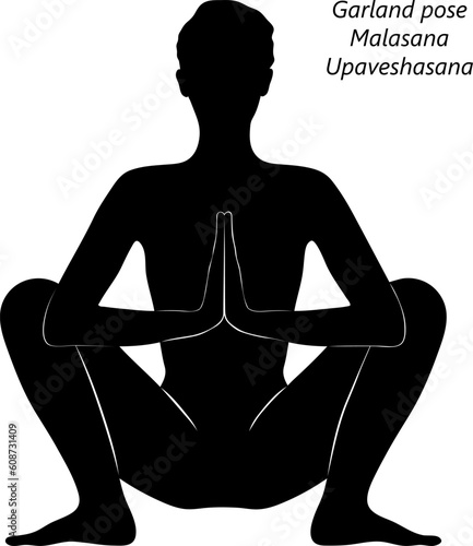 Flat black silhouette of young woman practicing yoga, doing Garland pose or Yogi Squat pose. Malasana or Upaveshasana. Seated and Balancing. Vector illustration isolated on transparent background.