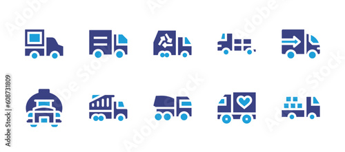 Truck icon set. Duotone color. Vector illustration. Containing delivery truck, truck, oil truck, garbage truck, cement truck. © Huticon