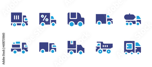 Truck icon set. Duotone color. Vector illustration. Containing delivery truck, food truck, truck, fuel truck, tipper, refrigerator.