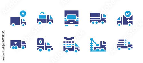 Truck icon set. Duotone color. Vector illustration. Containing electric truck, luggage, truck, delivery truck, food truck, well drilling truck, pickup truck.