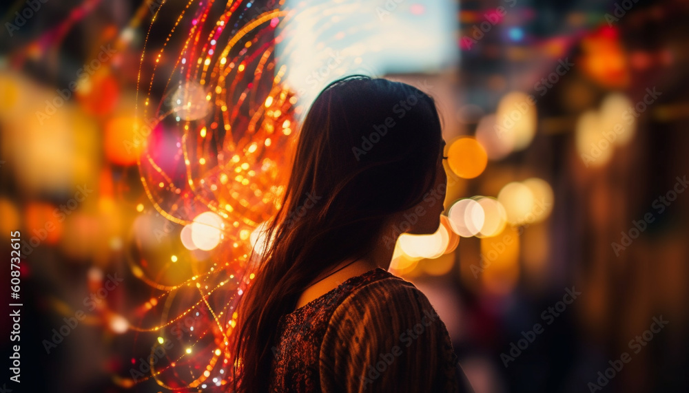 A glowing young woman enjoys cheerful city nightlife under Christmas lights generated by AI A glowing young woman enjoys cheerful city nightlife under Christmas lights generated by AI