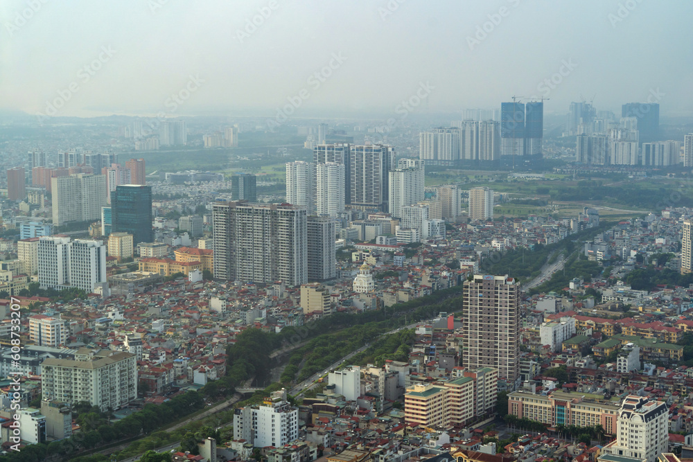 Obraz premium Aerial view of Hanoi Downtown Skyline, Vietnam. Financial district and business centers in smart urban city in Asia. Skyscraper and high-rise buildings.