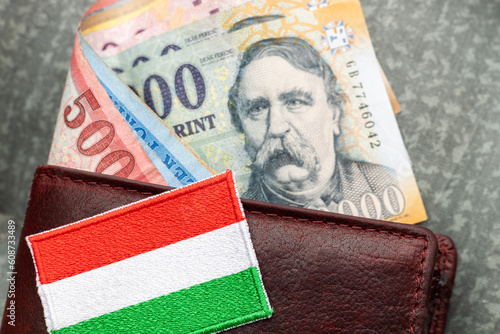Hungarian money, forints, sticking out of a wallet, financial and economic concept, national symbol of hungary