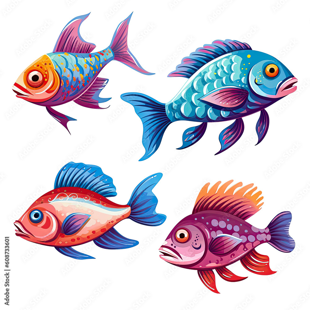 Fototapeta premium Cheerful Fish Cute Clipart Illustration with High Color Saturation