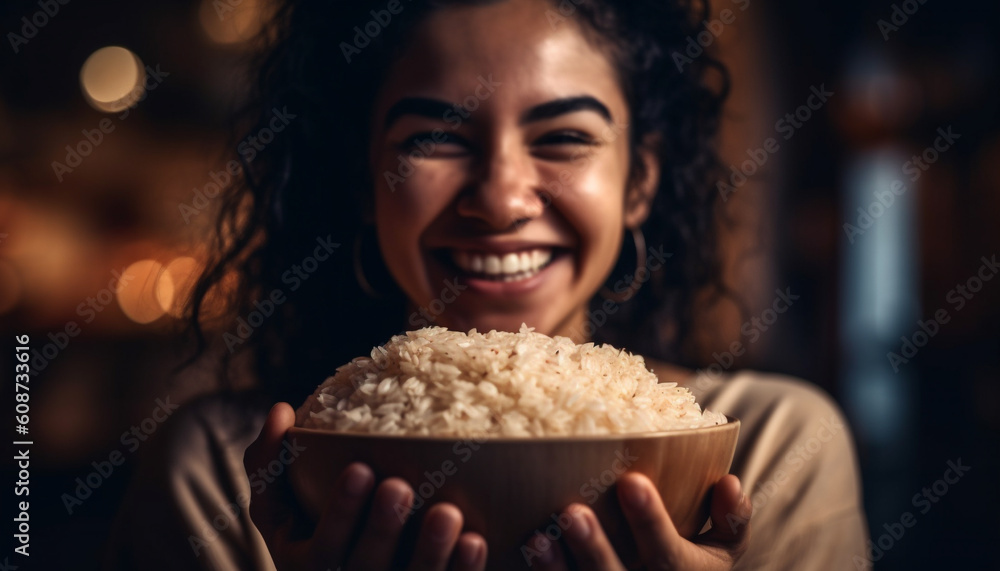 One young woman, smiling with enjoyment, holding a snack bowl generated by AI One young woman, smiling with enjoyment, holding a snack bowl generated by AI