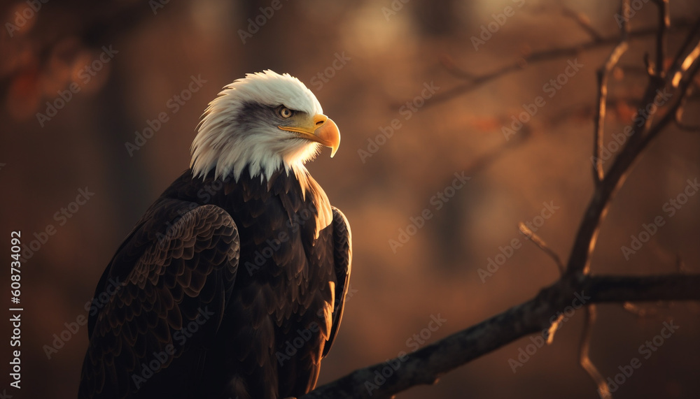 Majestic bald eagle perching on branch, talons in focus generated by AI Majestic bald eagle perching on branch, talons in focus generated by AI