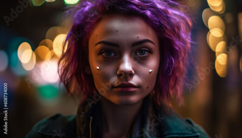 One young woman, illuminated by city lights, exudes confidence and beauty generated by AI