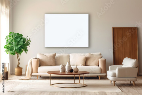 white blank mockup frame hanged on the wall of a modern living room