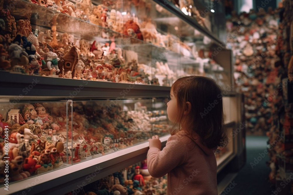 little girl looking at the stand of toys in a shop Generative AI