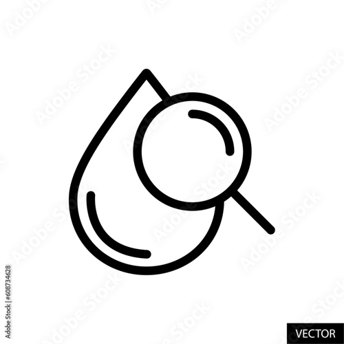 Drop, droplet and magnifying glass, search for water concept vector icon in line style design for website, app, ui, isolated on white background. Editable stroke. Vector illustration.