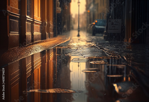 City night street reflected in a puddle of water after rain. AI Generated
